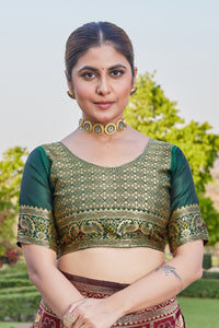 Maroon-Green Banarasi Cotton Silk Saree with Rich Zari Work
