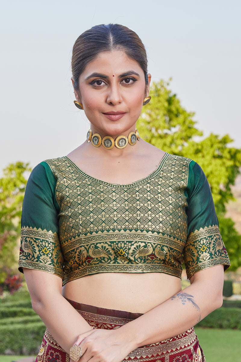 Maroon-Green Banarasi Cotton Silk Saree with Rich Zari Work