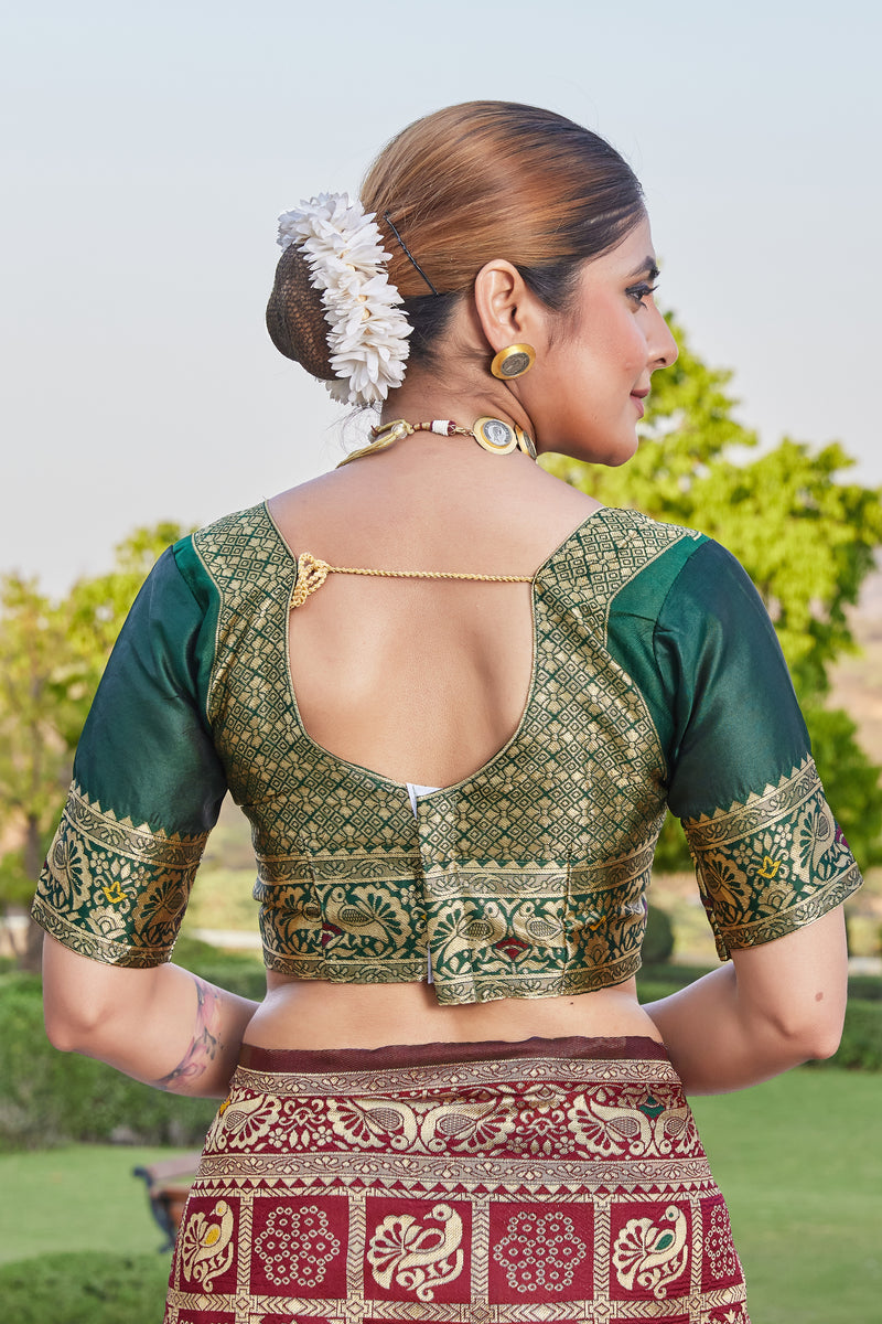 Maroon-Green Banarasi Cotton Silk Saree with Rich Zari Work