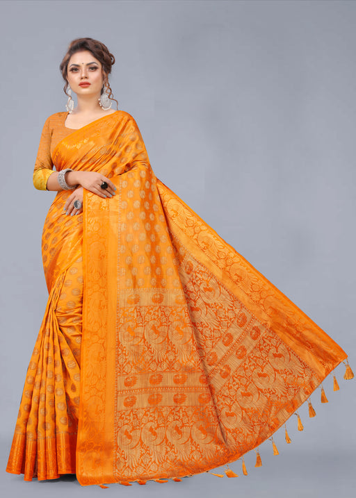 YELLOW JACQUARD RAW SILK SAREE WITH GOLD JARI BUTTI