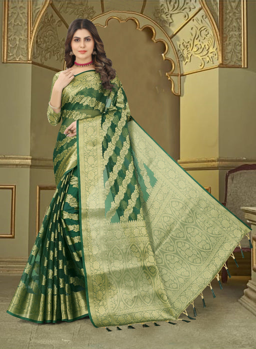 GREEN JACQUARD ORGANZA SILK SAREE WITH ANMOL JARI BUTTI