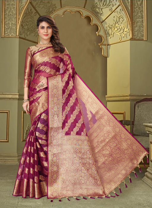 WINE JACQUARD ORGANZA SILK SAREE WITH ANMOL JARI BUTTI
