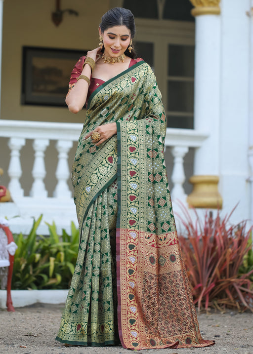 GREEN-MARRON JACQUARD LITCHI SILK SAREE WITH TRADITIONL JARI
