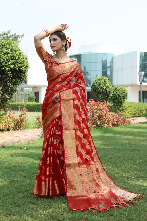 RED JACQUARD ORGANZA MENO SILK SAREE WITH JARI BUTTI
