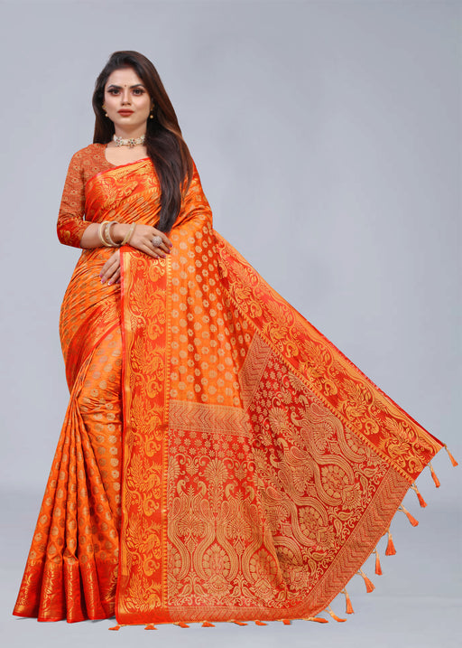 RUST JACQUARD RAW SILK SAREE WITH GOLD JARI BUTTI