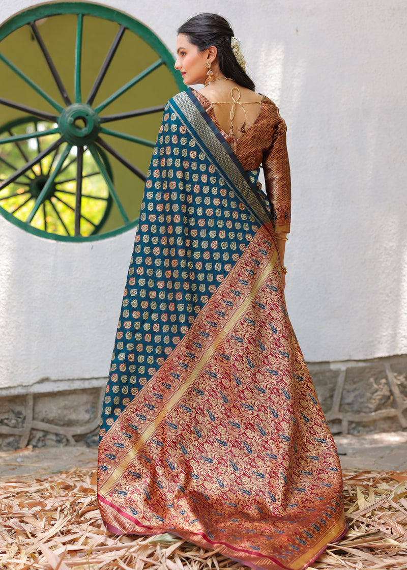 MOR PEACH-MARRON JACQUARD LITCHI SILK SAREE WITH TRADITIONL JARI