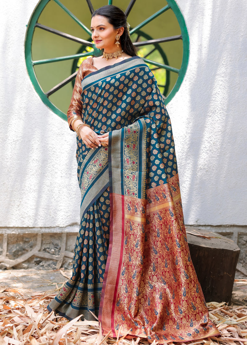 MOR PEACH-MARRON JACQUARD LITCHI SILK SAREE WITH TRADITIONL JARI