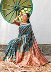 MOR PEACH-MARRON JACQUARD LITCHI SILK SAREE WITH TRADITIONL JARI