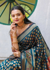 MOR PEACH-MARRON JACQUARD LITCHI SILK SAREE WITH TRADITIONL JARI