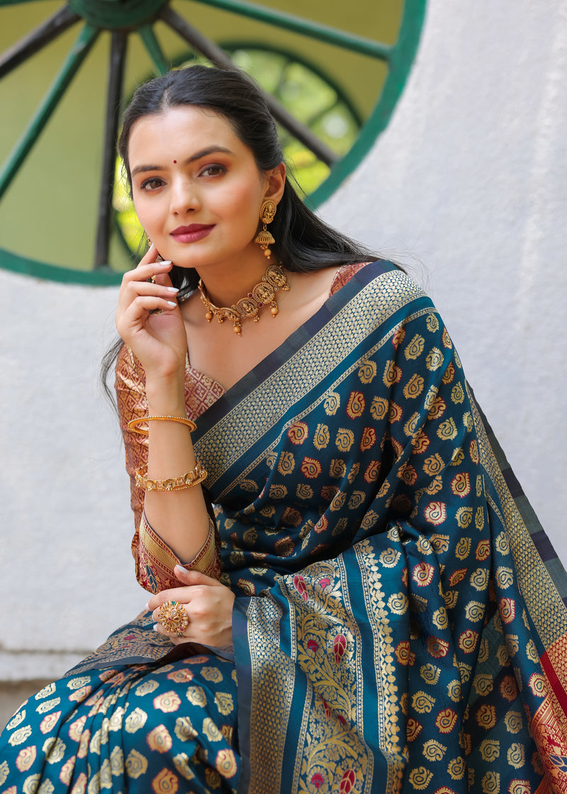 MOR PEACH-MARRON JACQUARD LITCHI SILK SAREE WITH TRADITIONL JARI